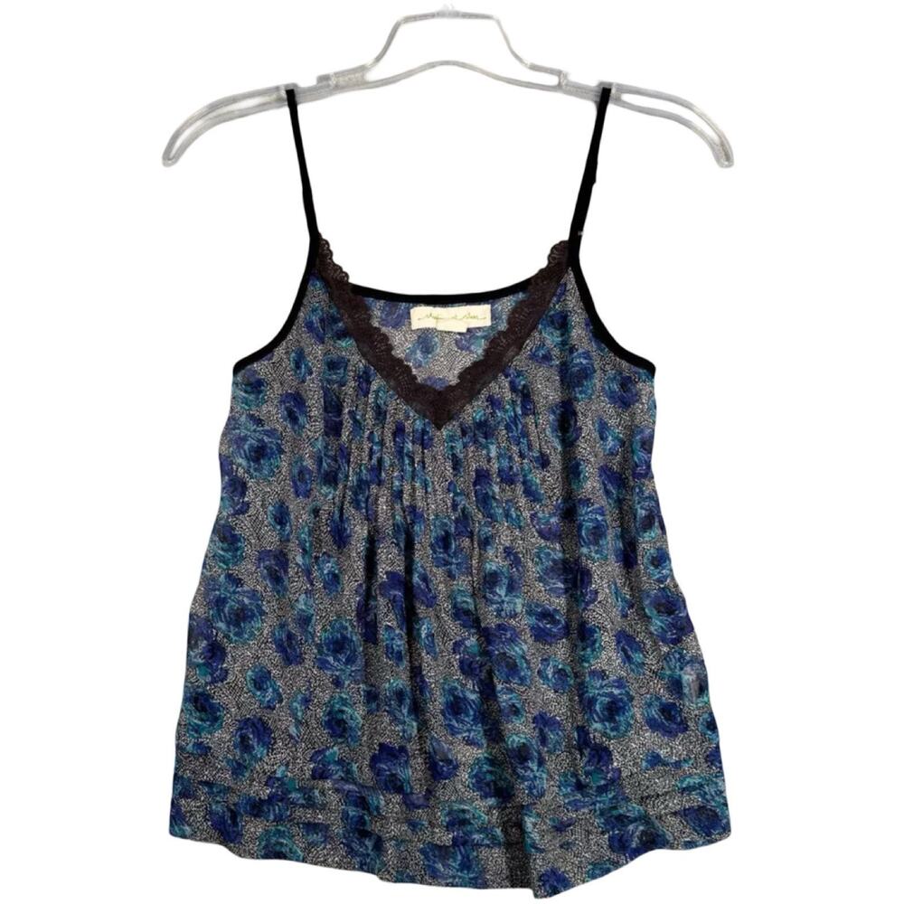 Staring at Stars Shirt Womens Medium Blue Black Floral Flowers Cami Tank Y2K